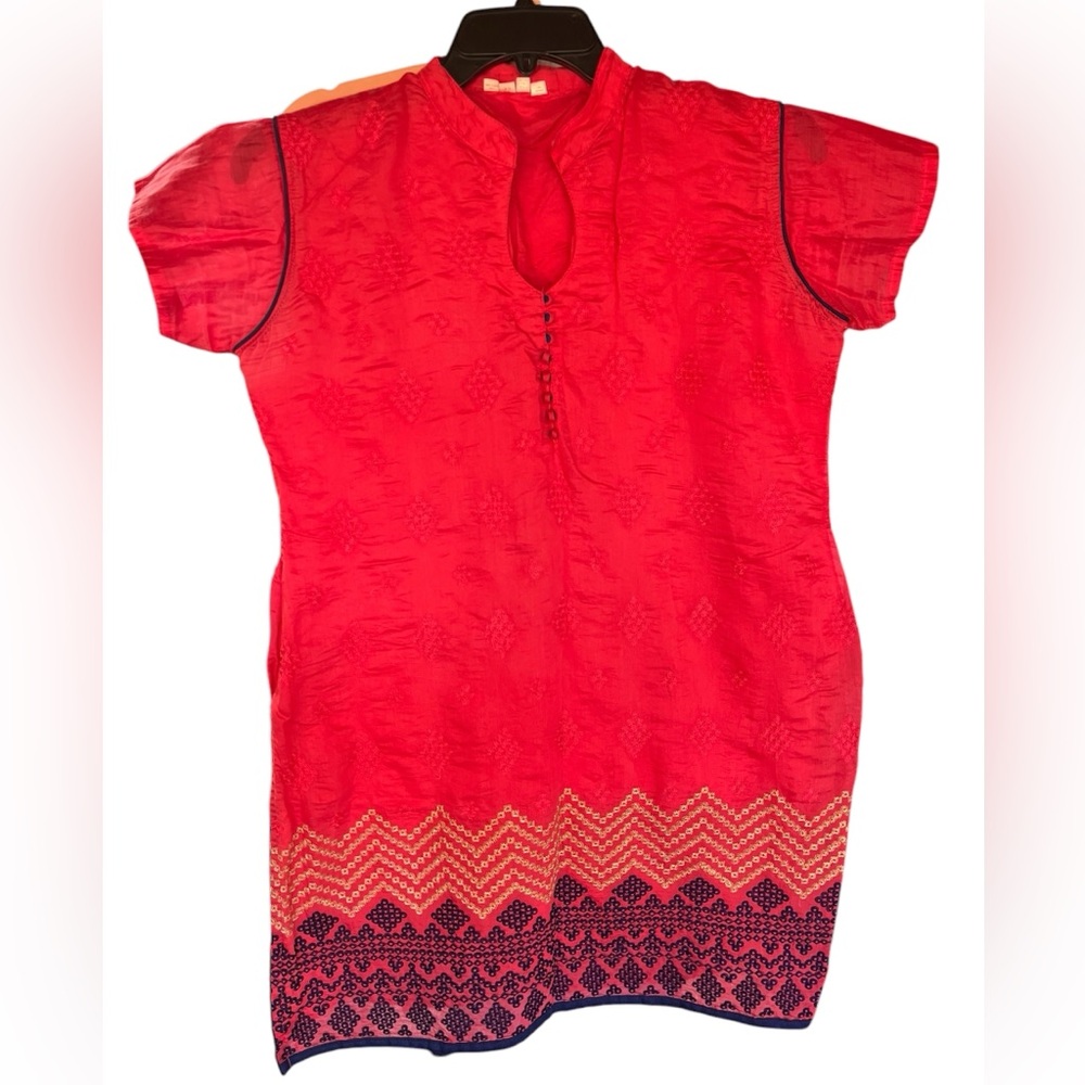 DRESS/TUNIC WOMEN CORAL/NAVY M/L EMBROIDERY FRONT HEM LINED BOHO KEYHOLE NECK